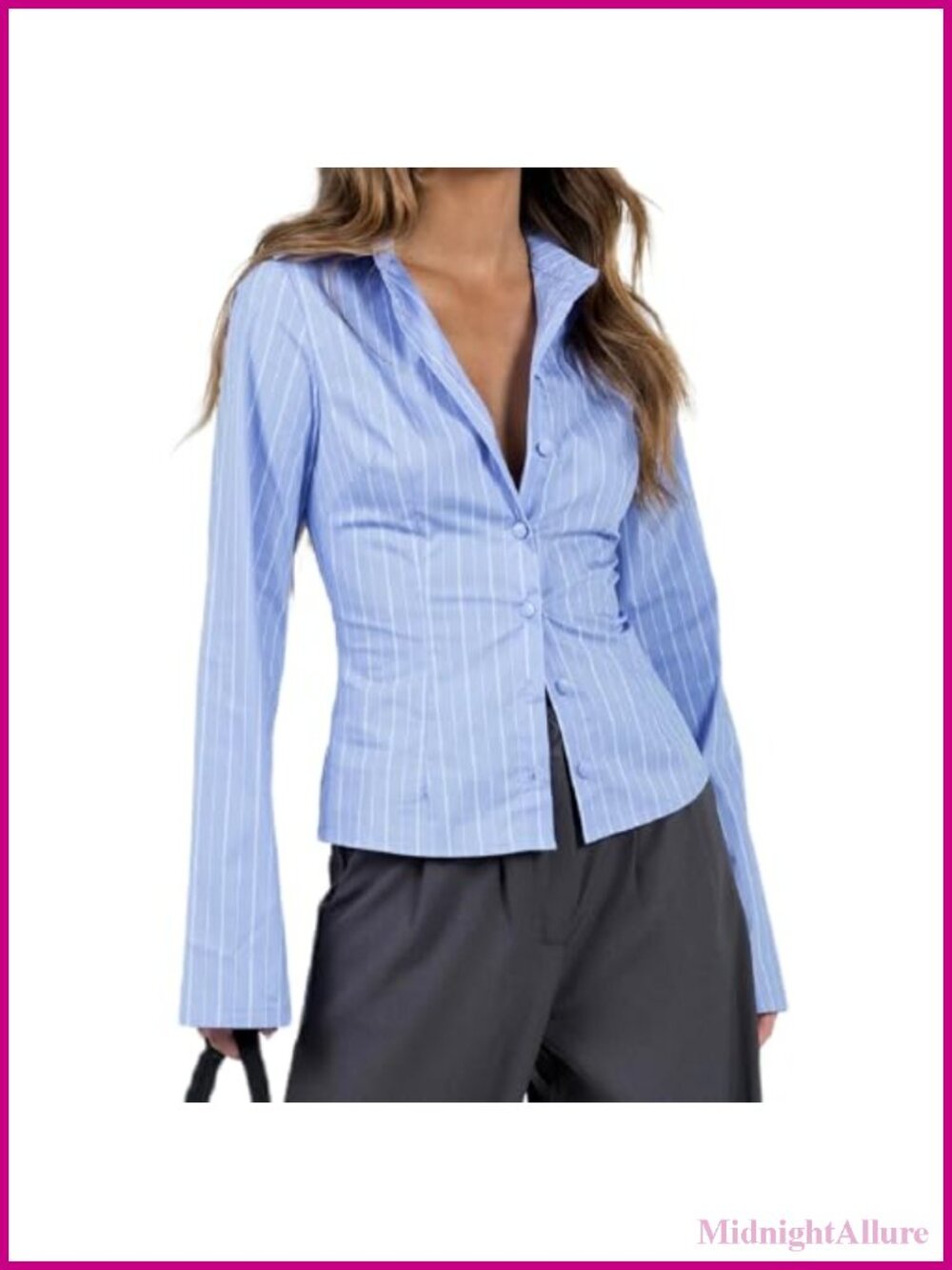 Fitted Striped Button Down Shirt Women Cotton Blend Cropped Flare Long Sleeve